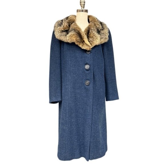Vintage 1960s Shagmoor Blue Wool Coat with Fox Fur Collar Size 10/12  Winter - Picture 1 of 16